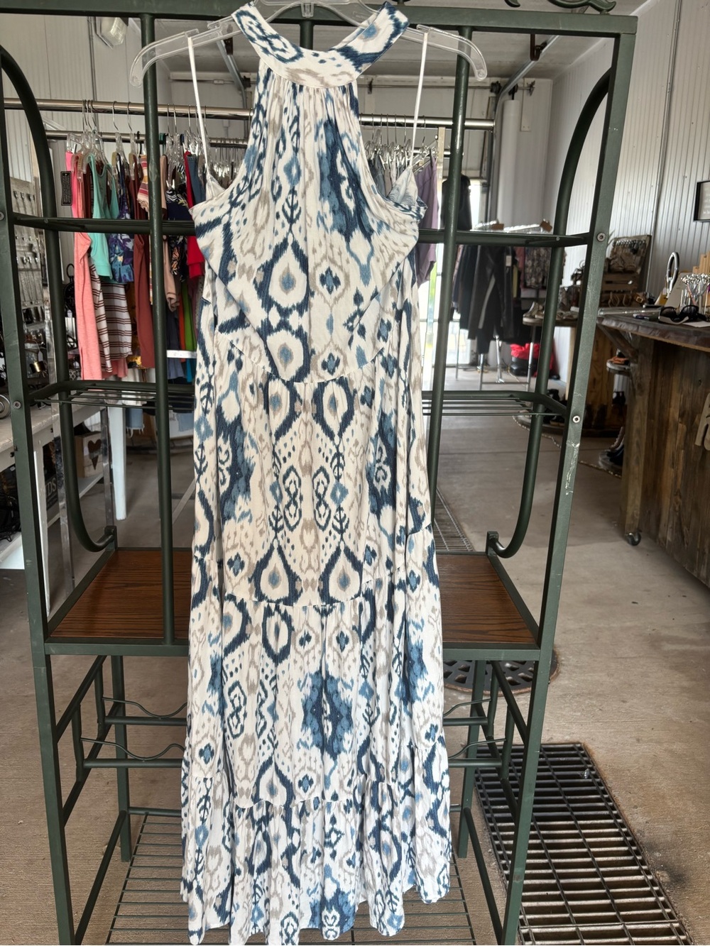 Sleeveless Blue & White Halter Maxi Dress